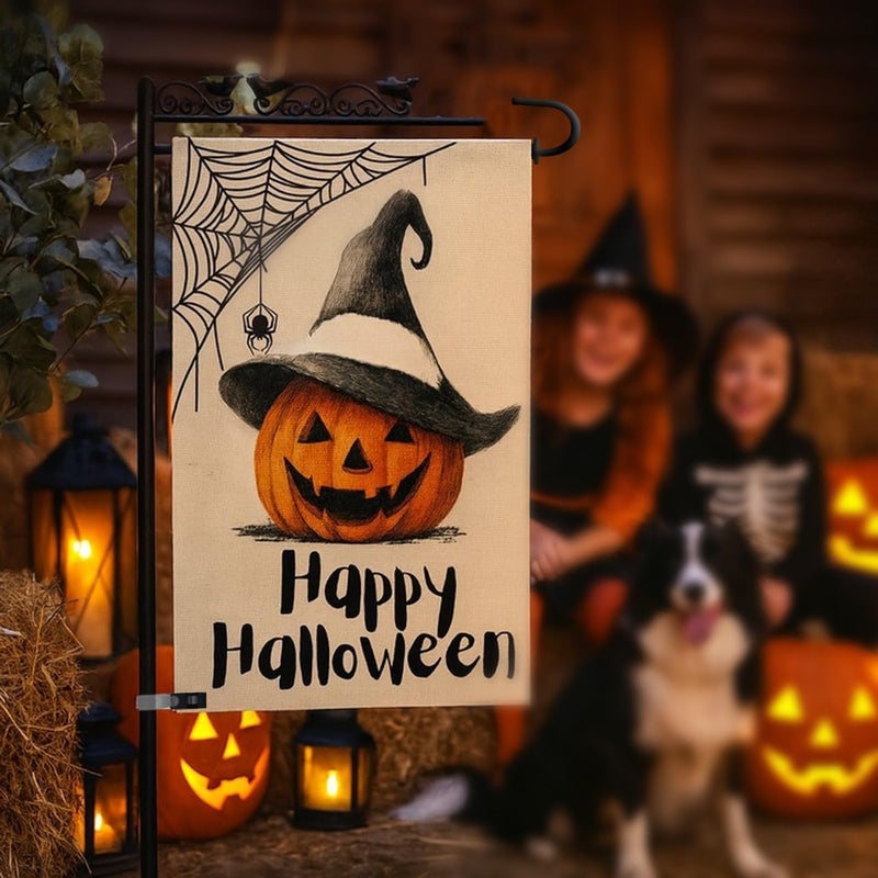 KarvePro Happy Halloween Garden Flag 12x18 Double Sided – Burlap Yard Flag with Pumpkin Wearing Hat and Spider Web for Outdoor Fall Halloween Decor - Image 2